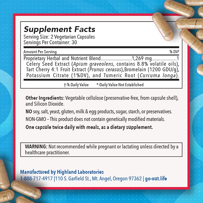 Mt. Angel Vitamins Go Out - Extra Strength Support - Uric Acid Balance with Tart Cherry Celery Seed Turmeric - Non-GMO Gluten-Free - 60 Caps