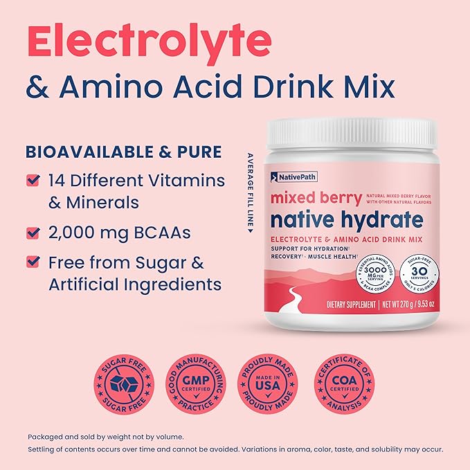 NativePath Hydrate Zero Sugar Electrolytes Powder with BCAAs Mixed Berry Hydration Keto &amp Paleo Friendly 30 Servings