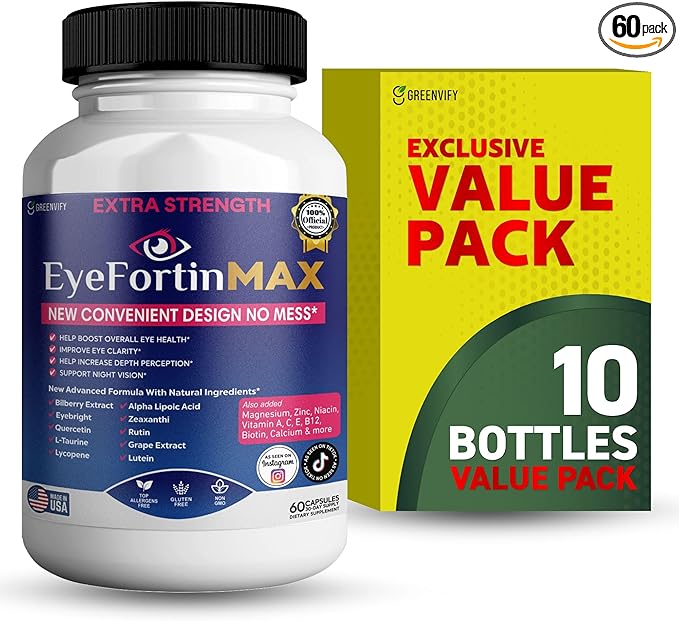 EyeFortin MAX Eye Health Supplement 60 Capsules Extra Strength with Lutein Vitamins A C E B12 Bilberry Extract 30 Day Supply (10)
