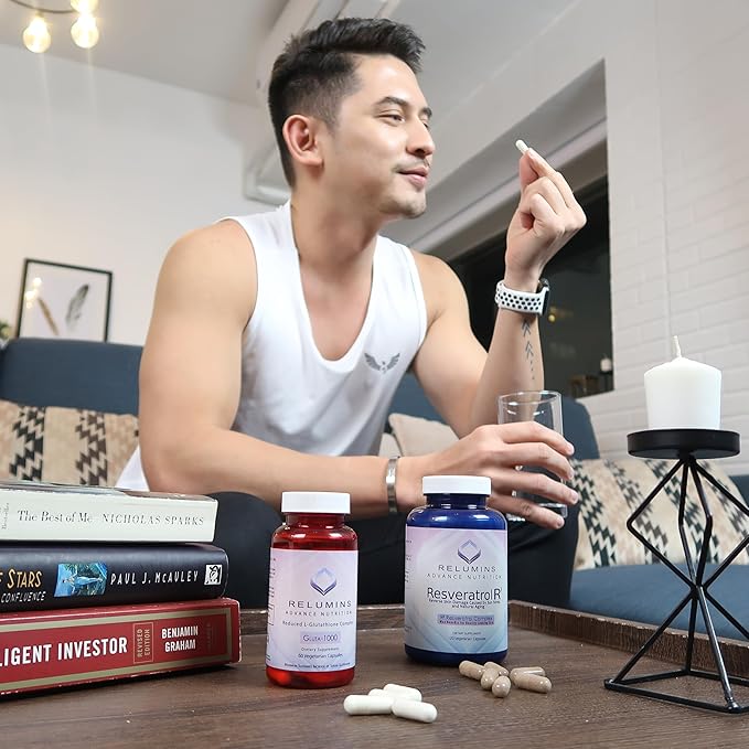 Relumins Glutathione &amp Resveratrol Bundle – Advanced Glutathione with Rose HIPS (60 Capsules) &amp High-Potency Resveratrol with Grape Seed &amp Red Wine Extract (120 Capsules) for Skin and Immu