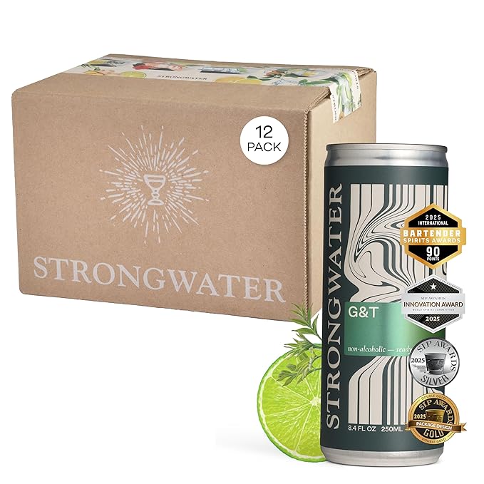 Strongwater Non Alcoholic Gin &amp Tonic - 12 Pack Cans (8.4 Fl Oz Each) - Premium Non Alcoholic Drinks - Ready to Drink Gin and Tonic Alcohol Free Drinks Made with Quinine Citrus Lemongrass &amp