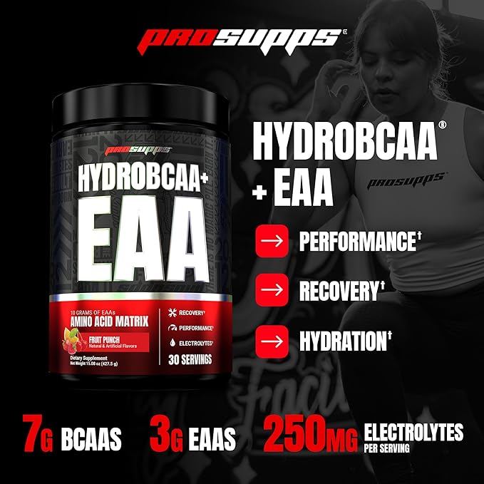 ProSupps HydroBCAA Essential Amino Acids Powder Fruit Punch - Workout Supplement with BCAA EAAs &amp Electrolytes for Hydration &amp Recovery - Stimulant-Free Soy &amp Gluten-Free - 30 Servings