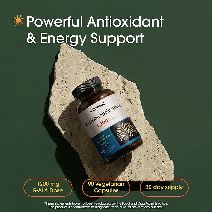 NatureBell R-Alpha Lipoic Acid - 90 Capsules - Delivers 1200mg R-ALA Per Serving - Antioxidant &amp Cellular Energy Support* - Stabilized R-Isomer ALA - Non-GMO &amp Gluten-Free