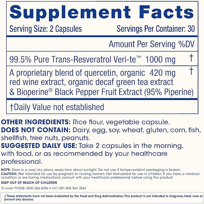 ProHealth Resveratrol 1000mg | Pure Trans-Resveratrol | Plus Quercetin Red Wine &amp Green Tea Extract | Clinically Studied to Support Cellular Health Memory Healthy Aging | 60 Capsules (Pack of 2