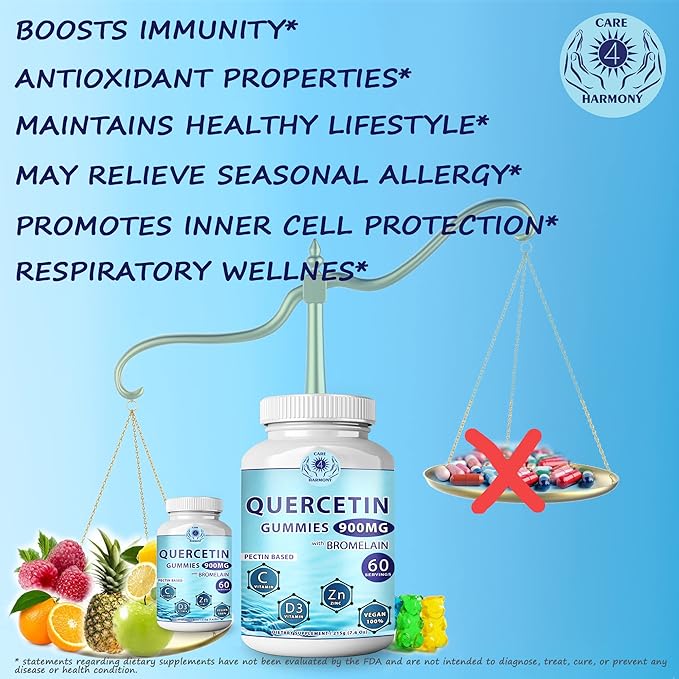 Quercetin Gummies - Quercetin with Bromelain Vitamin C + Zinc Vitamin D3 – Chewable Quercetin 900mg Supplements - Quercetin for Kids and Adults (6)