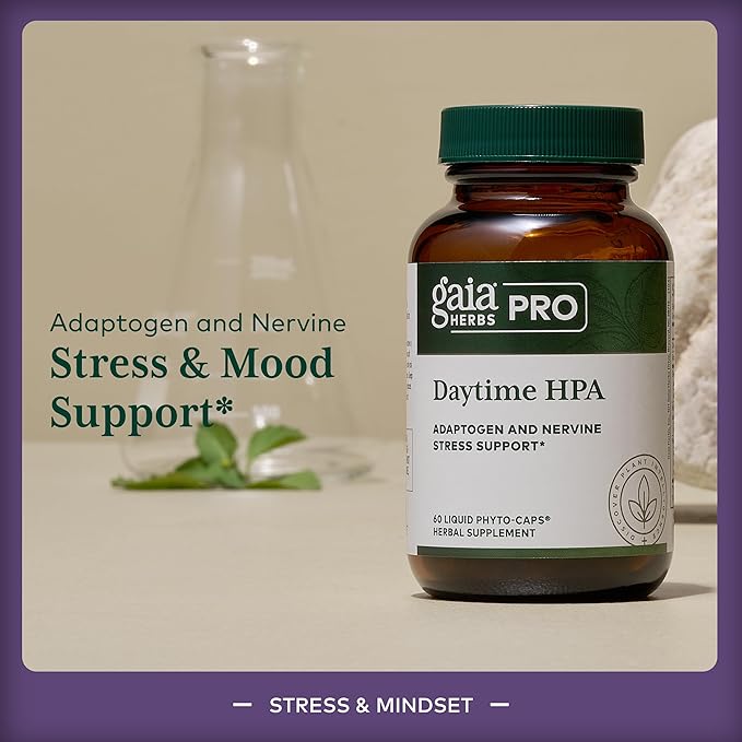 GAIA HERBS PRO Daytime HPA - Adaptogen Support Supplement - Nervous System Support Supplement with Olive Oil &amp Rhodiola* - Vegan Gluten-Free Soy-Free - 60 Liquid Phyto-Caps (30 Servings)