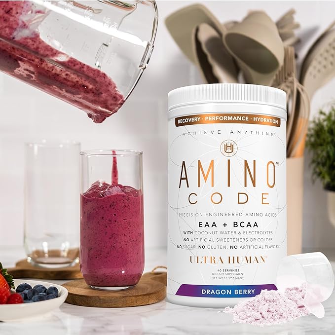 Ultra Human Amino Code | Essential Amino Acids + BCAAs + Coconut Water Electrolytes | Fast Hydration Workout Recovery Flavored Amino Energy Powder Drink | Clean Formula 40 Servings - Dragonberry