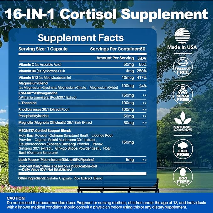 16-in-1 Cortisol Balance &amp Sleep Support for Women &amp Men – Natural Calm Formula with Magnesium Ashwagandha &amp L-Theanine – Supports Restful Sleep Relaxation Focus &amp Healthy Cortisol