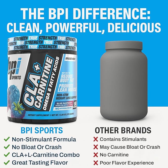 BPI Sports CLA+Carnitine – CLA L Carnitine &amp Linoleic Acid – L Carnitine Supplement for Weight Loss Metabolism &amp Lean Muscle – Caffeine Free – Blue Raspberry – 50 Servings – 12.34 oz