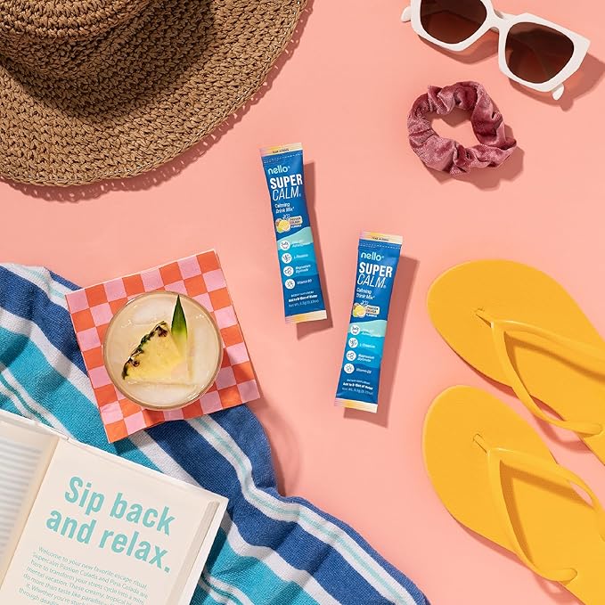 Nello Supercalm Powdered Drink Mix Cortisol Reducer* and Sleep Aid Supplement L Theanine Ksm-66 Ashwagandha Magnesium Glycinate Vitamin D 3 No Sugar Non GMO On The Go 20 Ct Passion Colada