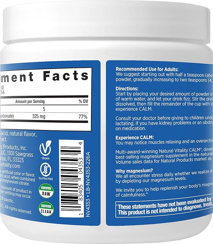Natural Vitality Calm Magnesium Supplement Anti-Stress Drink Mix Powder Gluten Free Vegan &amp Non-GMO Cherry 8 oz