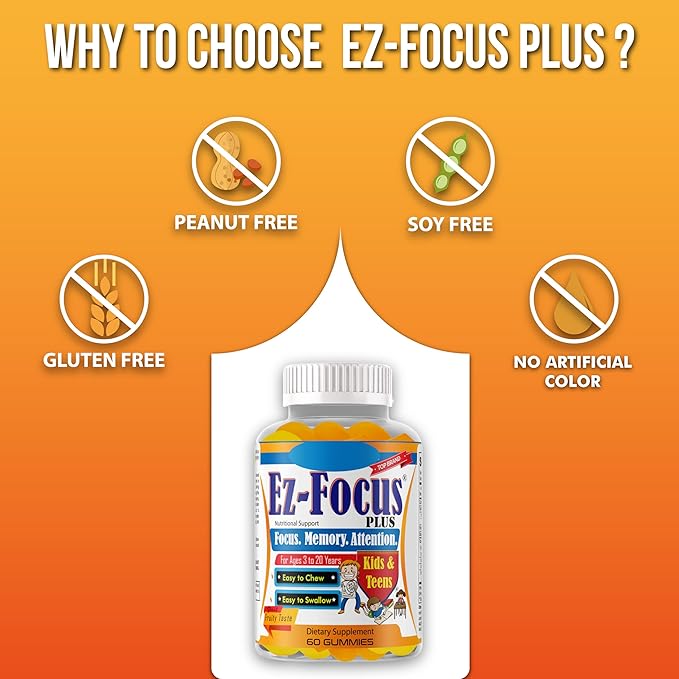 Plus Brain Booster Omega 3 Kids Focus and Attention Supplements for Cognitive Health Support Memory Mental Clarity Concentration for Children and Teens - Fruity Flavor Vitamins 60 Count