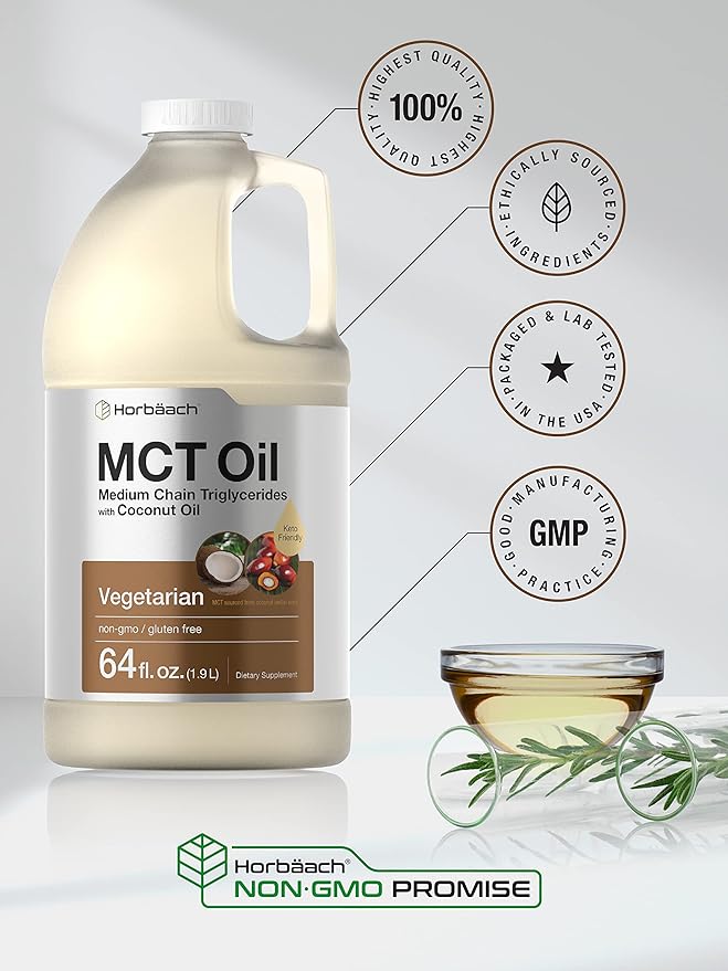 Horbäach MCT Oil 64 oz | 100% Pure | Blends with Coffee Tea Juice and Liquids | Value Size Unflavored Formula | Keto Vegetarian Non-GMO and Gluten Free
