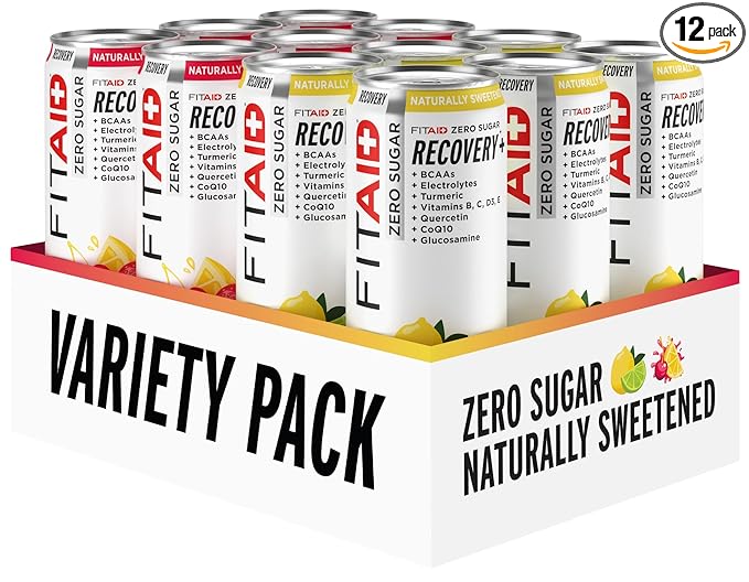 FITAID ZERO Sugar Keto-Friendly Number 1 Post-Workout Recovery Drink Contains Zero Sugar BCAA Glucosamine 5 Calories Keto Variety Pack 12 Fl Oz (Pack of 12) - Packaging May Vary
