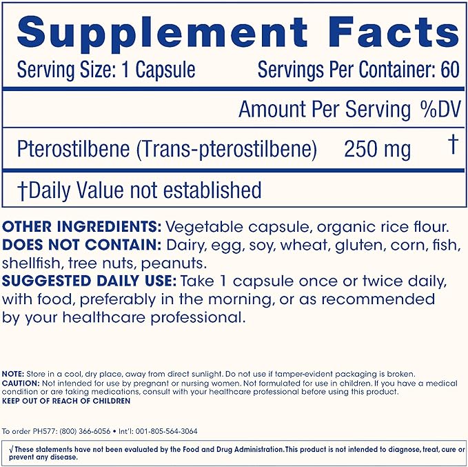 Pterostilbene Supplement (250mg 60 Capsules) | Clinically Proven Third-Party Tested Antioxidant for Heart &amp Brain Health | Activates Longevity Genes