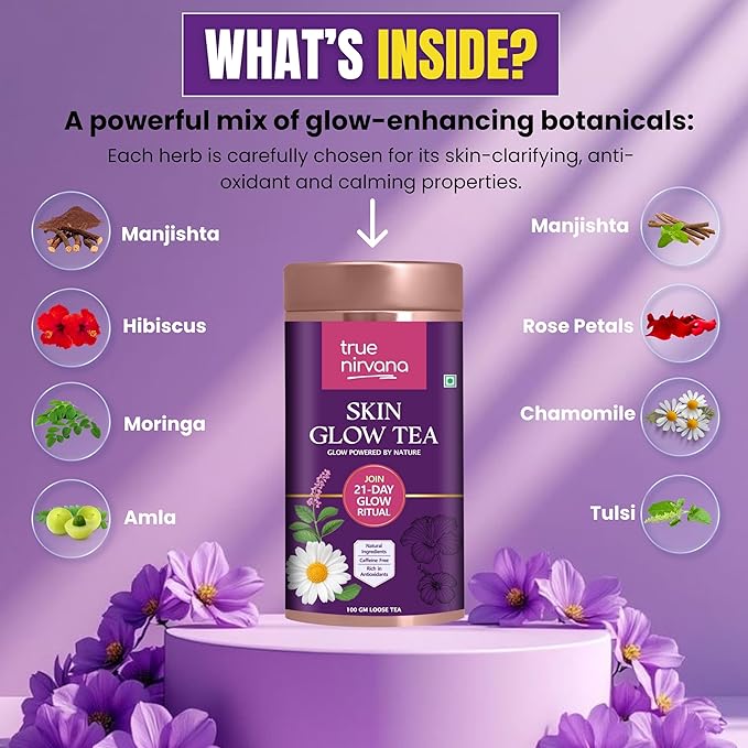 Truenirvana Skin Glow Tea – Ayurvedic Herbal Loose Leaf Blend (100g) | Caffeine-Free | Manjishta Hibiscus Amla &amp Rose Petals | Daily Wellness &amp Radiance Support