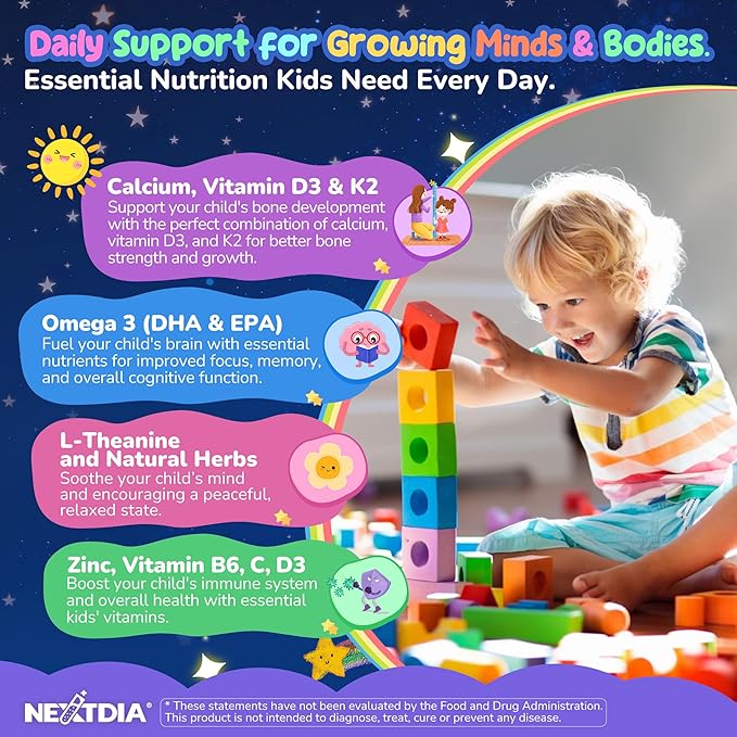 Kids Magnesium Glycinate Gummies + Calcium + Omega 3 - Kids Sleep &amp Calm Gummies Melatonin Free Magnesium Gummies + L-theanine B6 D3 &amp K2 Zinc C for Restful Sleep Bones Brain &amp Immu