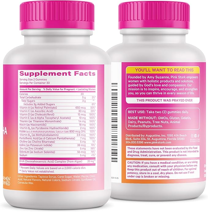 Pink Stork Premium Prenatal Gummy Vitamins with DHA Folate and Vitamin D - Multivitamin for Neural Tube and Fetal Brain Development - 60 Vegan Gummies for Morning Sickness Support