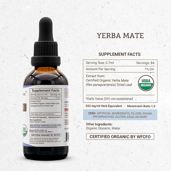 Secrets of the Tribe Yerba Mate USDA Organic Tincture | Alcohol-Free Extract High-Potency Herbal Drops | Made from 100% Certified Organic Yerba Mate (Ilex paraguariensis) Dried Leaf (2 fl oz)
