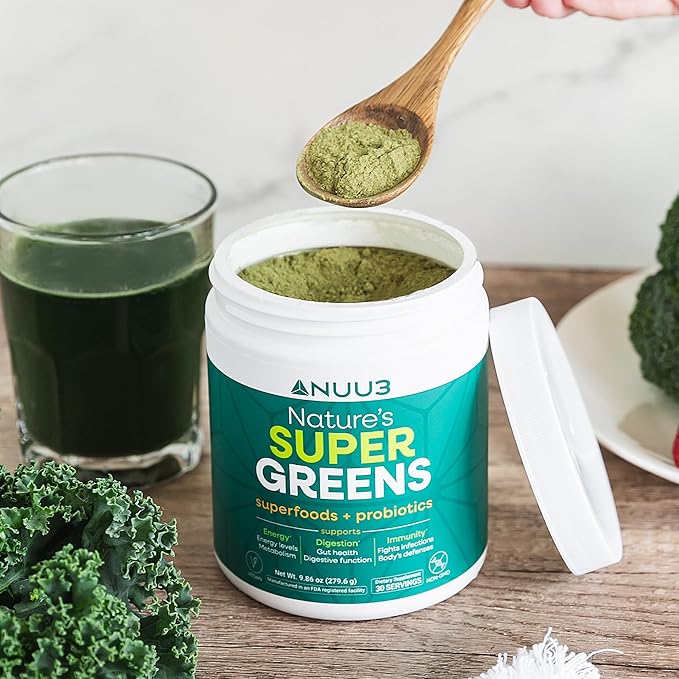 NUU3 Super Greens Superfoods + Probiotics - Immune Support Improved Energy &amp Gut Health Digestive Enzymes - Boosts Immunity - 30 Servings (Unflavored)