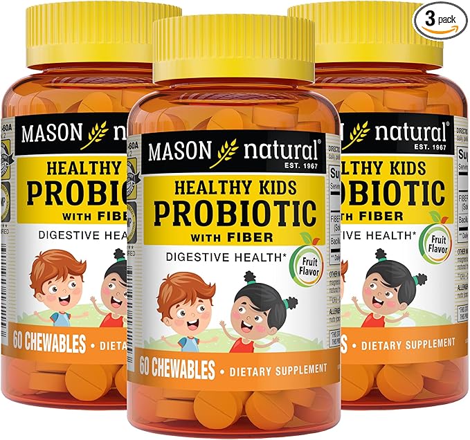 MASON NATURAL Healthy Kids Probiotic with Fiber - Healthy Digestive Function Improved Gut Health 60 Chewables (Pack of 3)