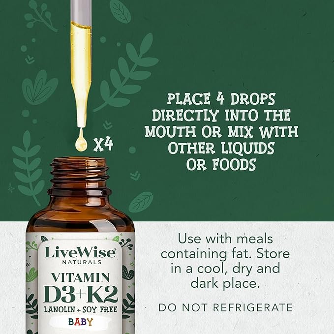 Live Wise Naturals Organic Vitamin D3 K2 Liquid Drops for Babies Concentrated Formulation 225 Servings (MK-7) Micro-Dose Dropper Gentle Daily Supplementation Early Development Precise Dosing
