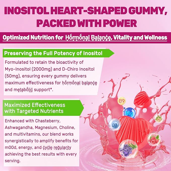 Inositol Gummies for Women + Chasteberry Myo-Inositol &amp D-Chiro Inositol 2000mg + 50mg Ideal 40:1 Ratio with Methylated B12 &amp Folate Choline Magnesium Vitamin D3 for Overall Health Pack o