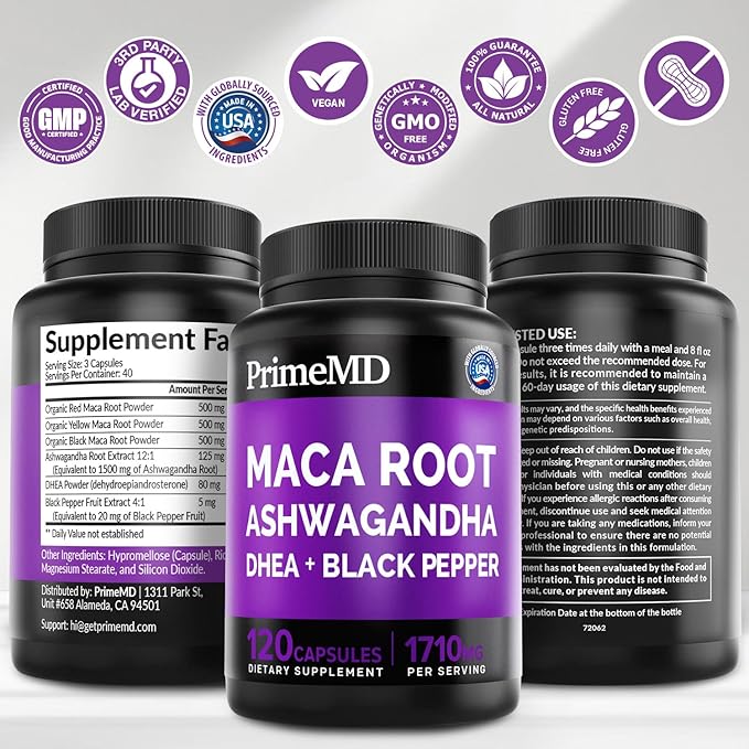 6-in-1 Organic Maca Root Ashwagandha Capsules 1710mg with DHEA and Black Pepper Fruit Extract for Women and Men - Black Maca Supplement for Stamina Bone and Mood Support Supplement 120ct (Pack of 2)
