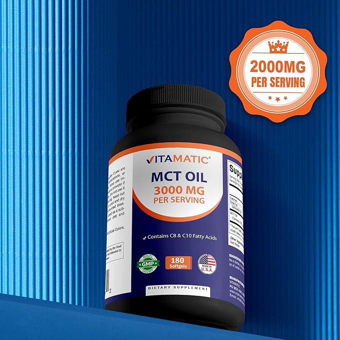 Vitamatic 2 Packs MCT Oil Capsules 3000 mg per Serving - 180 Softgels - from Coconut Oil - Contains 55% caprylic Acid C8 and 40% capric Acid C10 (Total 360 Softgel)