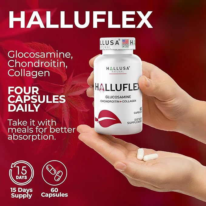 Hallusa Natural Halluflex Joint Support Supplement for Women &amp Men Glucosamine Chondroitin 2850mg 180 Capsules Plus Hydrolyzed Collagen Mobility Flexibility &amp Joint Health