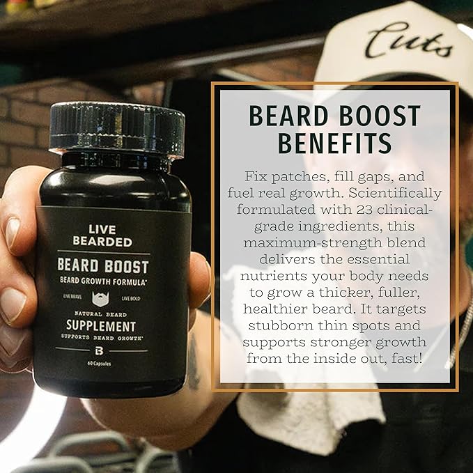 Live Bearded Beard Boost - Beard Growth Vitamins for Men with Biotin Collagen Silica Fo-Ti Root - Facial Hair Growth for Men Made in the USA | 90-Day Supply