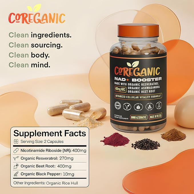 Clean NAD+ Support – 400mg Nicotinamide Riboside (NR) with Organic Resveratrol Ashwagandha &amp Beet Root – Daily Energy &amp Healthy Aging – 60 Vegan Capsules