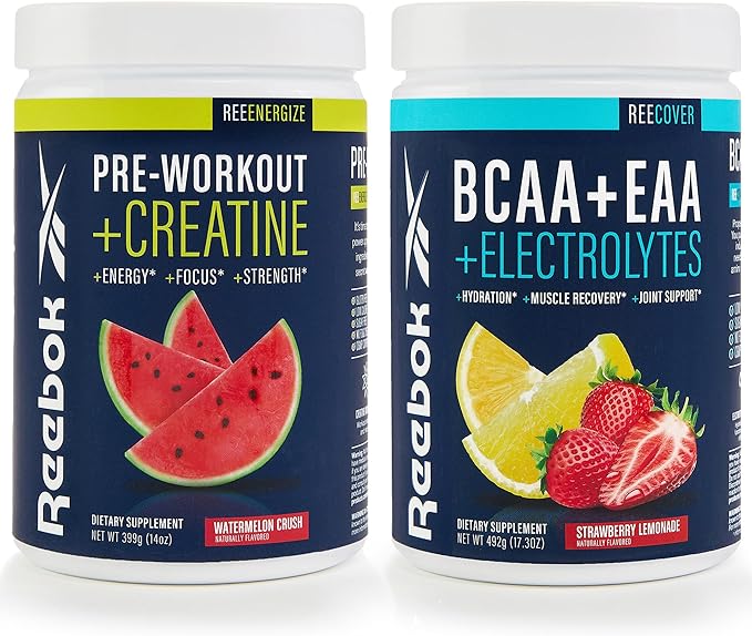 Reebok REEenergize &amp REEcover Bundle | Pre-Workout + BCAA Recovery System | Watermelon Crush &amp Strawberry Lemonade | Train &amp Recover Pack