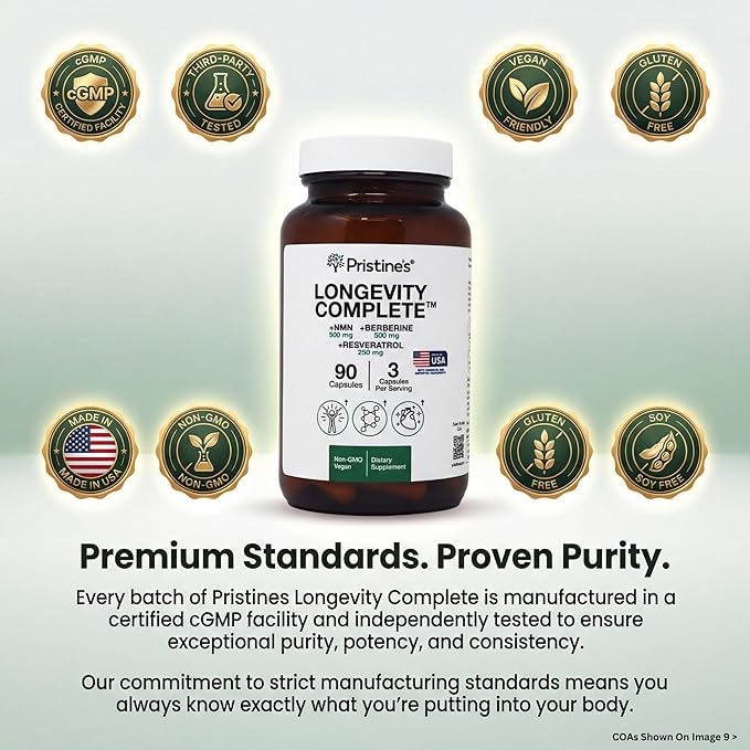 PRISTINE'S Longevity Complete Anti Aging NMN Complex - Advanced Cellular Support - NMN 500mg Berberine 500mg Resveratrol 250mg Healthy Aging Autophagy &amp NAD+ Support - Glass Bottle