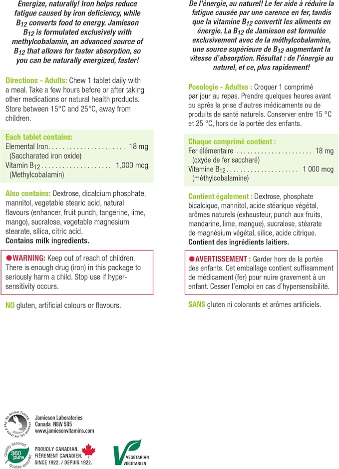 Jamieson Iron + Vitamin B12 45 chewable tabs