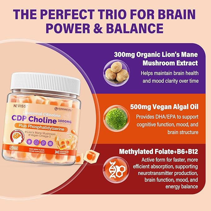 Citicoline 1000mg &amp Phosphatidylserine 300mg Supplements CDP Choline Gummies Brain Supplement for Memory and Focus w/ Lion's Mane Mushroom Omega-3 Methylfolate B6 &amp B12 Non-GMOSugar Free