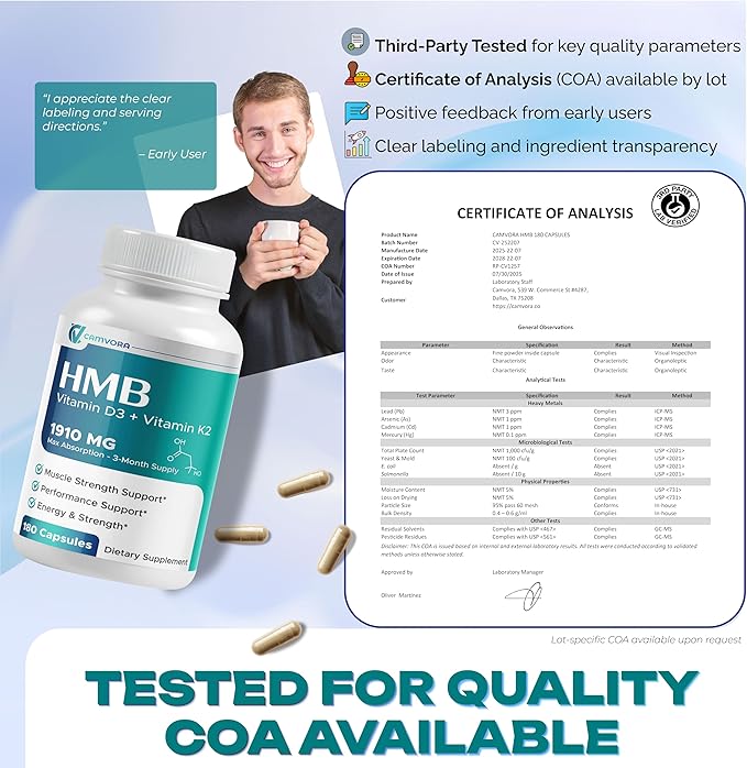 Liposomal HMB + Vitamin D3 &amp K2 – 1910mg Max Absorption – Muscle Energy &amp Performance Support – 3-Month Supply – 180 Capsules – Non-GMO Gluten-Free