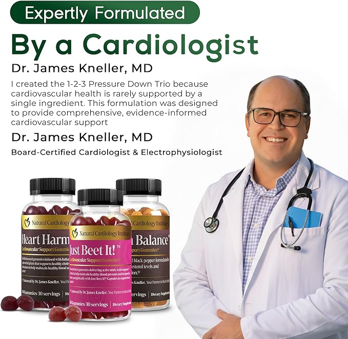 Natural Cardiology Institute 1-2-3 Pressure Down Trio Bundle – Doctor-Formulated Cardiovascular Support System with Just Beet It! Golden Balance &amp Heart Harmony Gummies