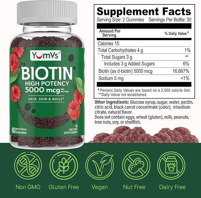 YumVs Biotin Gummies 5000mcg - Luscious Raspberry Flavor - Thicker Faster Hair Growth Gummies for Women or Men - Hair Skin &amp Nails Vitamins - Hair Gummy - Vegetarian Biotin Supplement (60 Ct. 2p