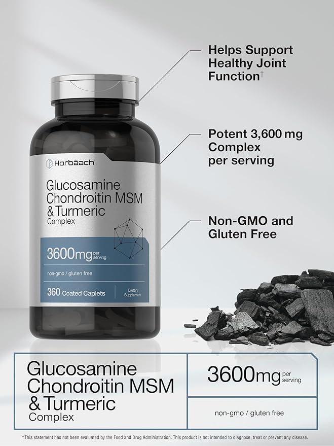 Horbäach Glucosamine Chondroitin MSM | 360 Caplets | Advanced Formula with Turmeric | Non-GMO Gluten Free