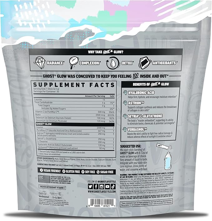 GHOST Glow Sticks: Beauty and Detox Supplement - 30 On-The-Go Stick Packs Pina Colada - Hyaluronic Acid Biotin &amp L-Theanine for Skin-Boosting Support – Sugar Free Gluten Free