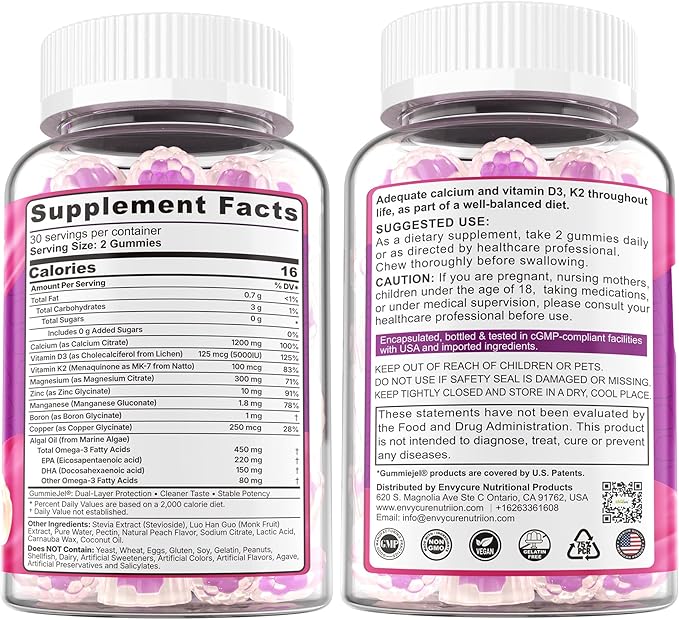 Calcium Citrate 1200mg Gummies Vitamin D3 K2 Omega-3 Magnesium Zinc Boron Manganese Copper 600mg Calcium Supplements for Women &amp Men Bone Strength Immune Support - Vegan Sugar Free 60 C