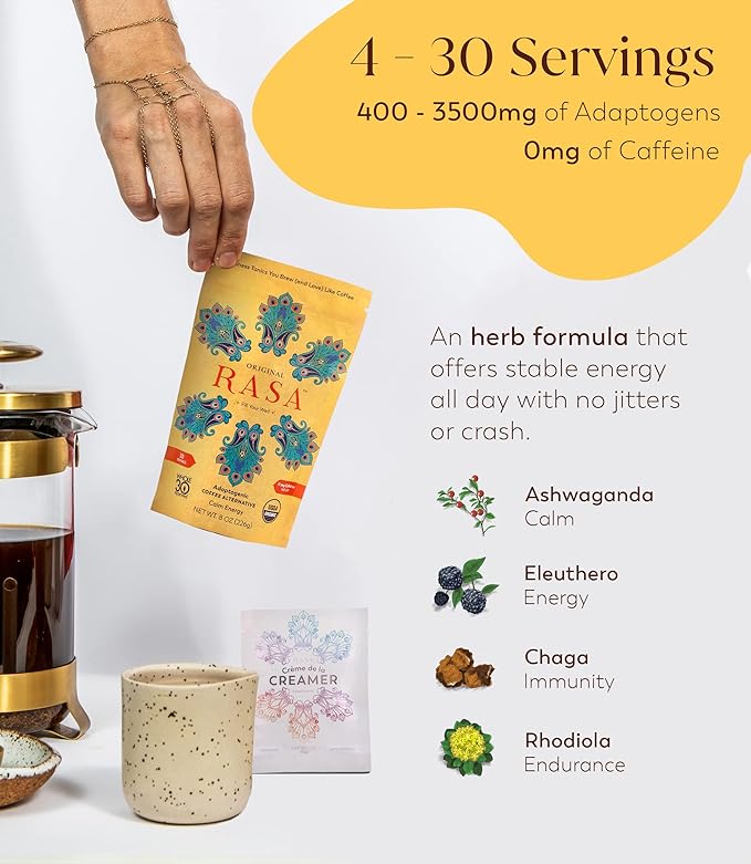 RASA Original Adaptogenic Coffee Alternative &amp Crème de la Creamer Bundle | Ayurveda Mushroom Wellness Tonic &amp Adaptogen Powdered Non-Dairy Creamer with MCT Oil — Vegan Whole 30 Keto (30 Ser