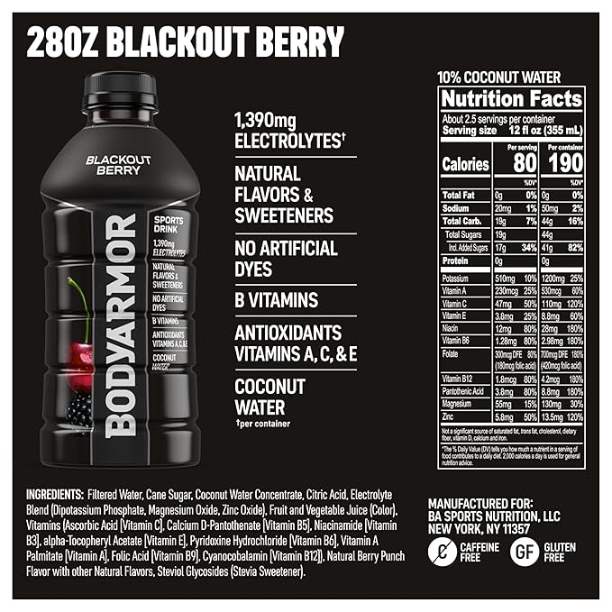 BODYARMOR Sports Drink Blackout Berry Electrolyte Drink Hydration 28 Fl Oz Bottles (15 Pack) Flavored Coconut Water with B Vitamins &amp Antioxidants