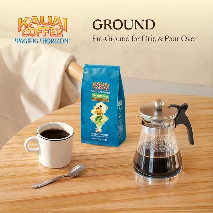 Kauai Ground Coffee Decaf Medium Roast - Arabica Ground Coffee from Hawaii's Largest Coffee Grower - Bright Aroma with Light Floral Notes - 24 Ounces