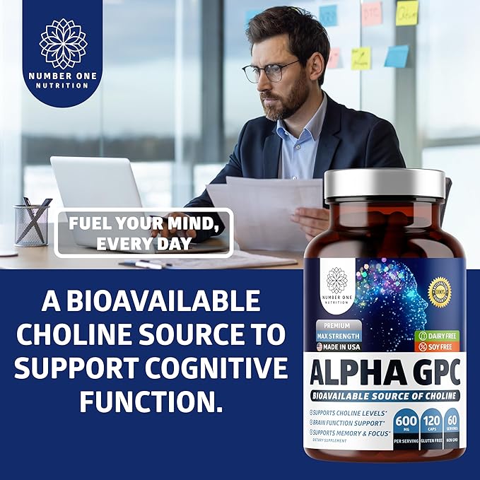 Number One Nutrition Premium Alpha GPC Choline Capsules 600mg Natural Brain Supplement to Support Focus Memory Clarity and Energy 120 Veg Caps