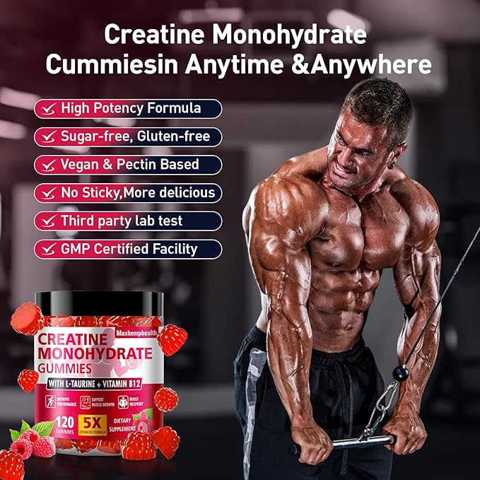 Creatine Gummies for Men &amp Women Creatine Monohydrate Gummies 5g Build Muscle Strength Recovery Cognitive Health &amp Memory Pre Workout Supplement 120 Count Raspberry Chewable Gummy