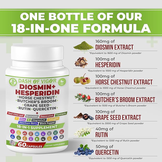 Dash of Vigor 18-in-1 Diosmin Hesperidin Supplement Quercetin with Bromelain Zinc Vitamin C with Rutin Supplement Horse Chestnut Extract Butcher's Broom Extract USA 60 Capsules
