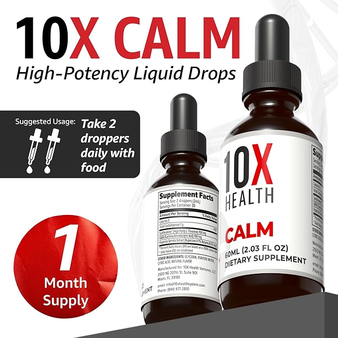 10X Health Calm L Theanine Supplement Liquid Drops - 100mg L'Theanine Drops &amp 100mg GABA Supplements to Support Nerves Calm &amp Stress - Natural Flavor 2.03 Fl oz.