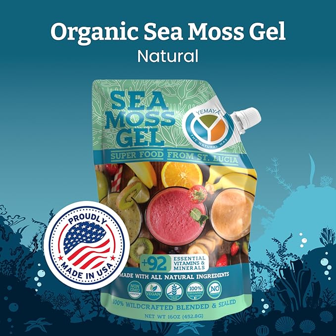 Yemayá Organic Sea Moss Gel Organic Raw | Wildcrafted Seamoss Gel Enhanced with Real Fruit Supports Immunity Energy Digestion Hair Skin &amp Nails | 16 oz Natural Flavor